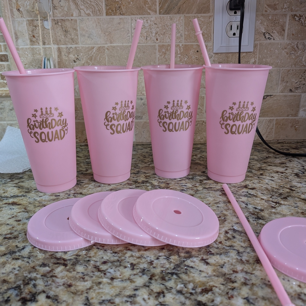 24 oz birthday squad party tumbler lid & straws cups favors Pink